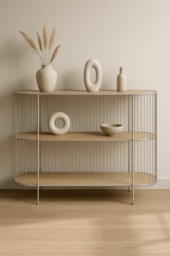 كونسول مدخل دائري بسطح خشبي وإطار معدني مع رف