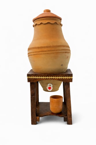 زير فخار مع عوامة وستاند خشبي