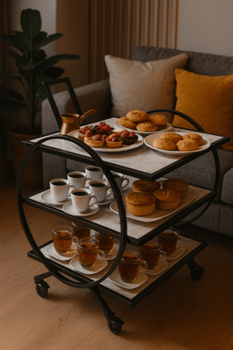 عربة ضيافة بعجلات ثلاث طبقات بسطح رخامي داكن وإطار...