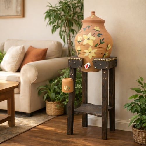 جرة ماء فخار مزخرفة مع حامل خشبي