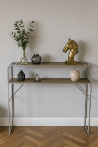 كونسول مدخل بإطار معدني ورفوف خشب بتصميم مودرن