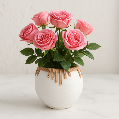 وعاء ديكور سيراميك أبيض بتفاصيل حبل طبيعي