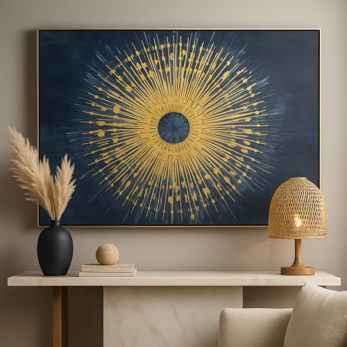 لوحة جدارية تجريدية أشعة ذهبية على خلفية كحلية - د...
