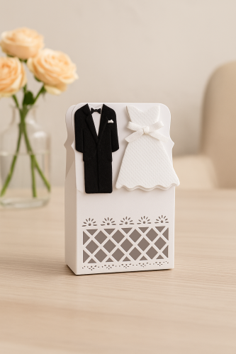 علبة توزيعات زفاف بتصميم العروس والعريس