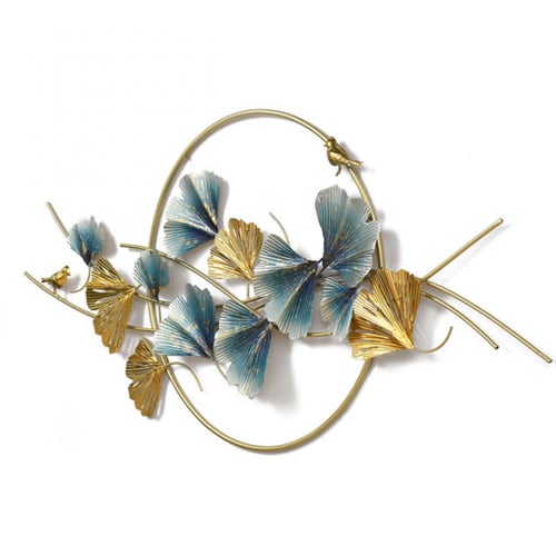 ديكور جداري معدني أوراق جنكو أزرق وذهبي بإطار دائر...