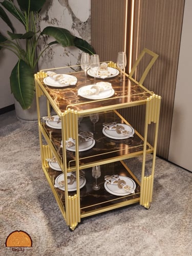 عربة ضيافة بعجلات ثلاث طبقات بسطح رخامي