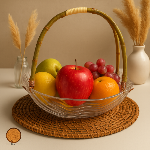 سلة زجاج شفافة بمقبض خيزران