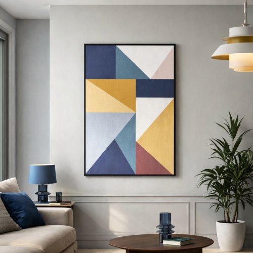 لوحة جدارية تجريدية هندسية متعددة الألوان بإطار أس...