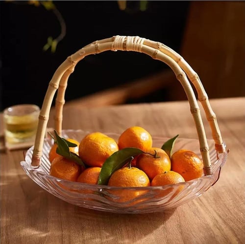 سلة زجاج شفافة بمقبض خيزران