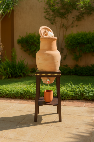 زير فخار مع عوامة وستاند خشبي