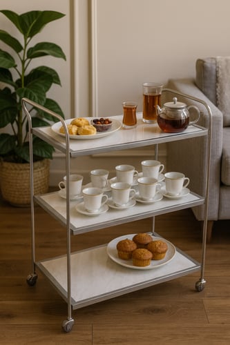 ترولي ضيافة ثلاث طبقات بسطح خشب رخامي وإطار معدني