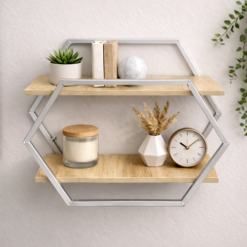 رف جداري سداسي مودرن بطبقتين بإطار معدني ورفوف خشب...