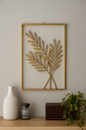 ديكور جداري معدني ذهبي بإطار مستطيل بتصميم أوراق ن...