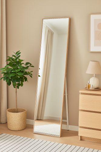 مرآة أرضية واقفة بإطار خشبي فاتح - مرآة طولية مودر...