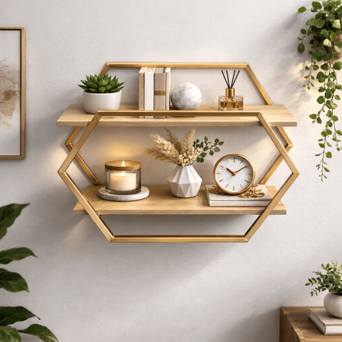 رف جداري سداسي مودرن بطبقتين بإطار معدني ورفوف خشب...