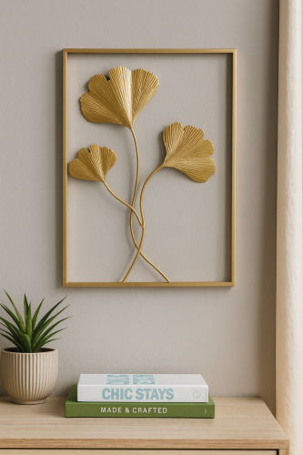 ديكور جداري ذهبي معدني بتصميم أوراق الجنكة داخل إط...