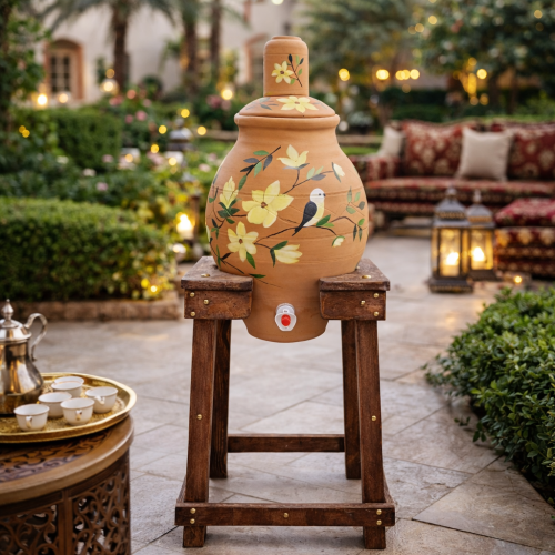 جرة ماء فخار مزخرفة مع حامل خشبي