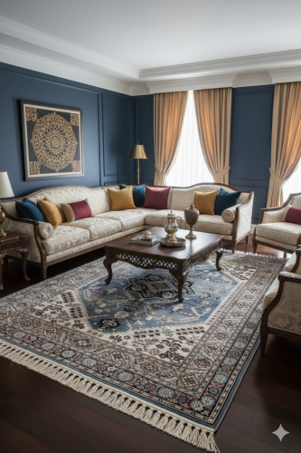 سجادة كلاسيكية شرقية مزخرفة باللون الأزرق والبيج ب...