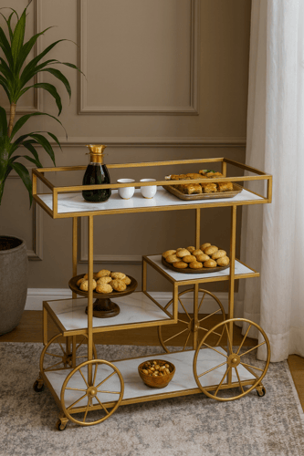 ترولي قهوة بعجلات كبيرة ثلاث طبقات بسطح خشب رخامي