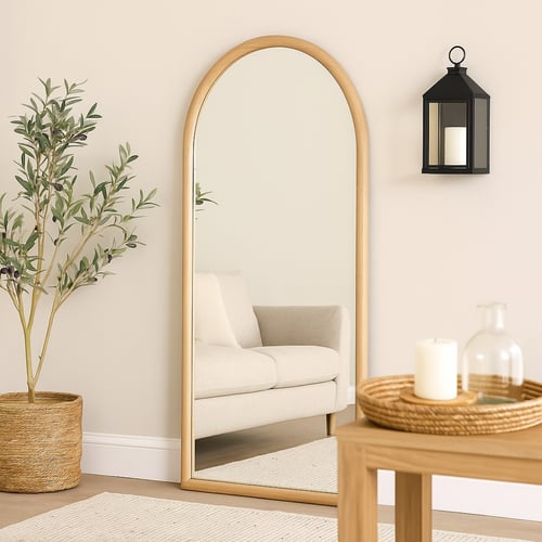 مرآة جدارية مقوسة بإطار خشبي - مرآة حائط ديكور للم...