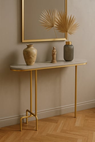 كونسول مدخل نحيف بسطح خشبي وإطار معدني