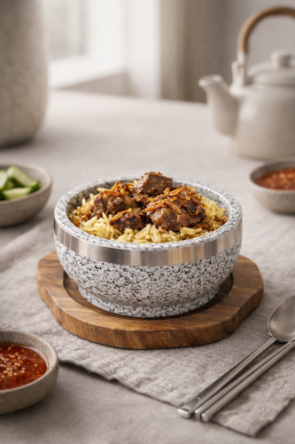 صحن حجر للطبخ والتقديم مع قاعدة خشبية