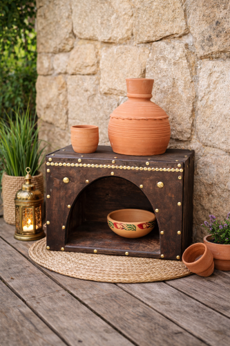 طقم زير فخار مع قاعدة خشبية تراثية