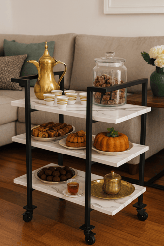 عربة تقديم ضيافة بعجلات ثلاث طبقات بسطح خشب رخامي...