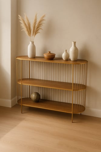 كونسول مدخل دائري بسطح خشبي وإطار معدني مع رف