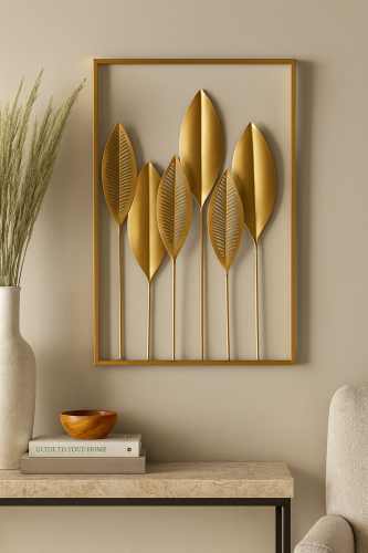 ديكور جداري معدني ذهبي بإطار مستطيل بتصميم أوراق ط...