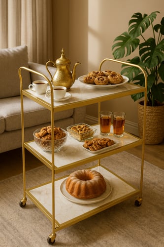 ترولي ضيافة ثلاث طبقات بسطح خشب رخامي وإطار معدني
