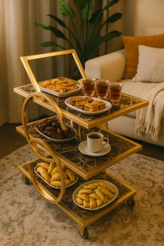 عربة ضيافة بعجلات ثلاث طبقات بتصميم دائري