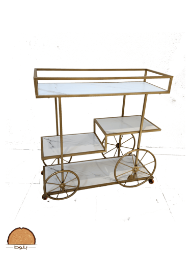 ترولي قهوة بعجلات كبيرة ثلاث طبقات بسطح خشب رخامي