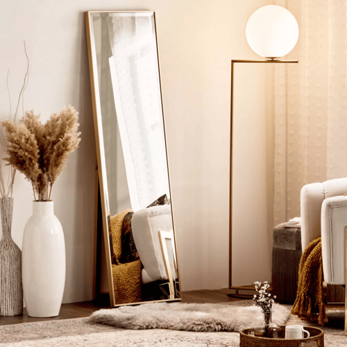 مرآة أرضية واقفة بإطار خشبي فاتح - مرآة طولية مودر...