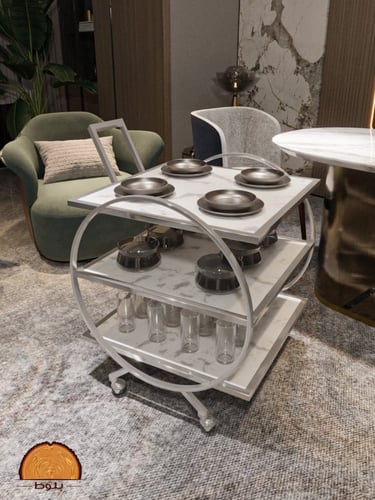 عربة ضيافة بعجلات ثلاث طبقات بسطح رخامي داكن وإطار...