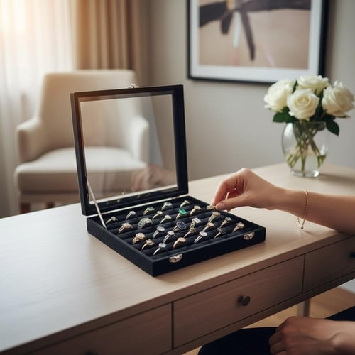 استاند عرض منظم خواتم خاتم بغطاء زجاج شفاف مخمل او...