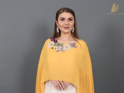 فستان اصفر بيج بشغل يدوي بارز