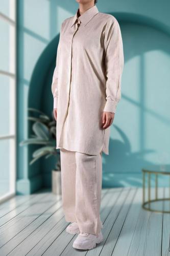 طقم سفر كتان طبيعي - بيج فاتح