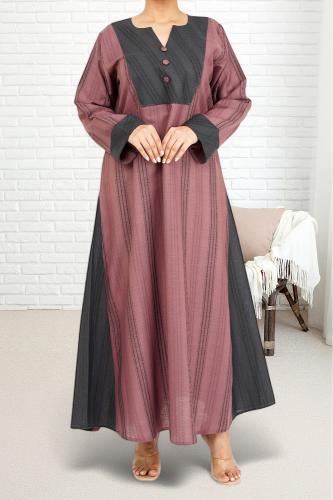 جلابية كتان مقلم لونين بأزرار من الأمام