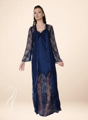 قميص نوم وروب كحلي حرير و دانتيل