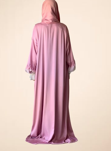 شرشف صلاة وردي دانتيل سحاب و الطرحة مثبتة