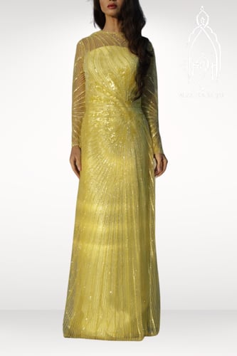 فستان اصفر مطرز ومشكوك يدويا بخرز انيق برسمة غير م...