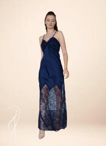 قميص نوم وروب كحلي حرير و دانتيل