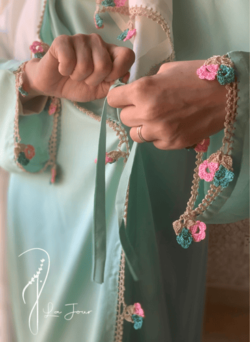 شرشف صلاة لف مرد كروشيه فاخر اخضر فستقي طرحة متصلة