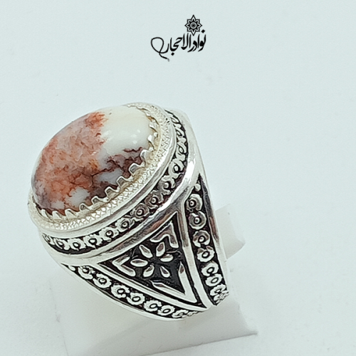 خاتم فضة رجالي بحجر فيروز سيناوي ابيض برتاش قلمزني
