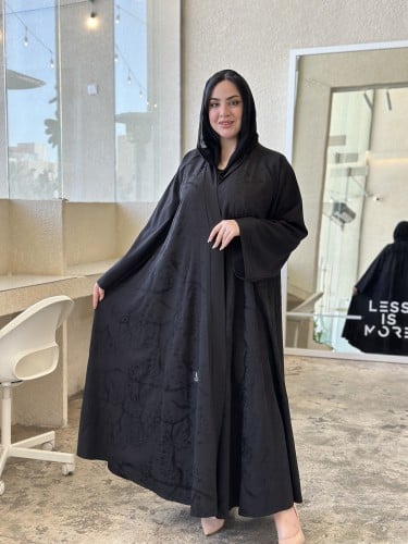 عباية كتف لنن دبل كلوش تطريز اسود
