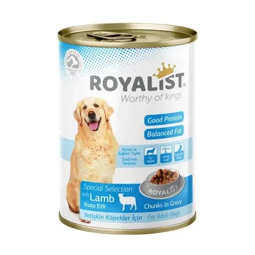 Royalist dog food with pieces of lamb in meat brot...