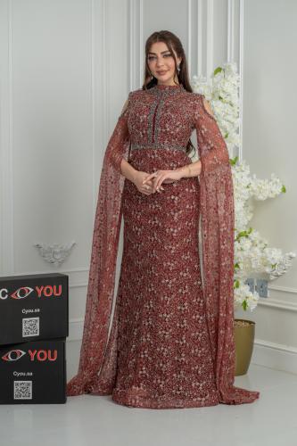 Luxurious burgundy mermaid evening gown with a regal cape