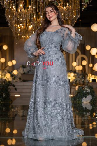 فستان سهرة نسائي لون الافندر مطرز بأكمام قصيره شفا...