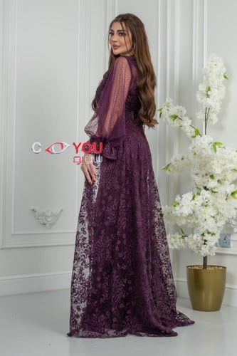 فستان سهرة "أرجواني ملكي" بأكمام طويلة وتطريز دانت...